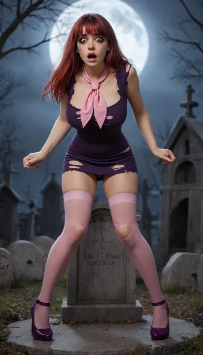 ((a scared k5t13b5nks, ((wearing ripped purple minidress, pink neckerchief, pink stockings and purple high heels ONLY)), lost in a creepy graveyard at night)), 25 years old, (bright red hair), (long straight hair), bangs, (light makeup), (large breasts), closeup, (running mascara), (purple minidress), (pink stockings), (pink neckerchief), (purple high heels), (scared expression), terrified, exhausted, (leaning on tombstone), (creepy graveyard), (nighttime:1), (full moon), mist, tombstones, <lora:576533_training_data:.8>
