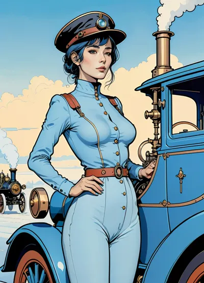 score_9, score_8_up, score_7_up, source_anime, woman posing next to steam powered car, (A detailed anime drawing with clean lines and meticulous shading, flat colors, line art, no gradients, blue and gray palette), realistic anatomy, steampunk, Victorian london, fog, myst, cloudy sky, Moebius, detailed face, (Jean, Giraud), page, lineart, <lora:Moebius (Jean Giraud) Style:1>, <lora:outline_xl_kohaku_delta_spv5x:1.1>, <lora:lineartSDXL:.8>