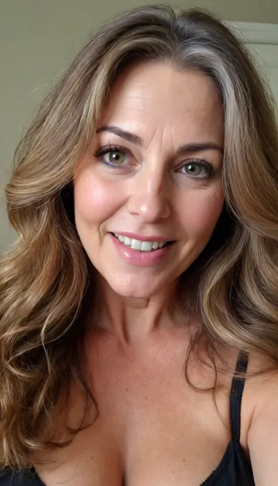 sexy mature, sexy 60 years old, brunette, long wave hair with highlights, chubby, cute smile face, huge bright hazel eyes, wide jaw, long big chin, tall, selfie, in the morning, after sleep, messy hair, sleep face
