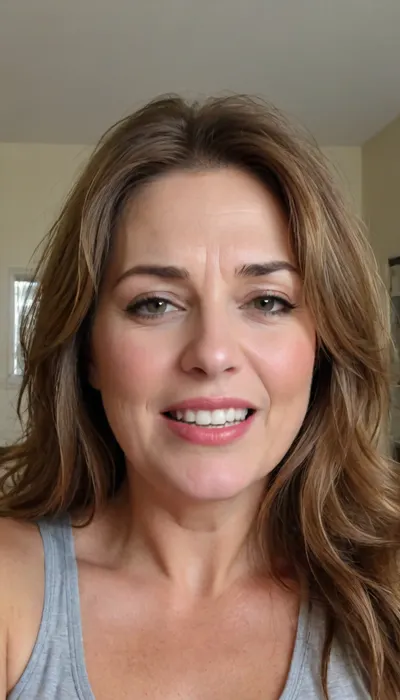 sexy mature, sexy 60 years old, brunette, long wave hair with highlights, chubby, cute smile face, huge bright hazel eyes, wide jaw, long big chin, tall, selfie, in the morning, after sleep, messy hair, seductive eyes, chubby round face, lipstick, org4smic, <lora:org4smic_sdxl:.5>