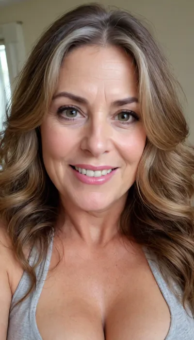 sexy mature, sexy 60 years old, brunette, long wave hair with highlights, chubby, cute smile face, huge bright hazel eyes, wide jaw, long big chin, tall, selfie, in the morning, after sleep, messy hair, seductive eyes, chubby face, <lora:698348_training_data:.8>
