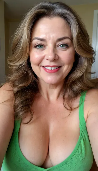 sexy mature, sexy 60 years old, brunette, long wave hair with highlights, chubby, cute smile face, huge light green eyes, wide jaw, long big chin, tall, selfie, in the morning, after sleep, messy hair, seductive eyes, chubby round face, lipstick, <lora:698348_training_data:.8>