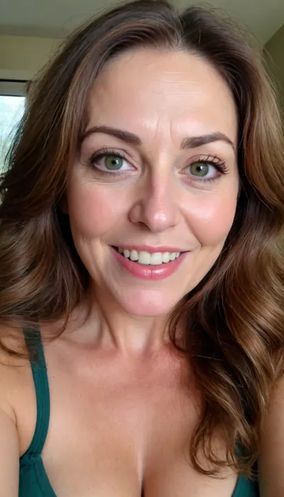 sexy mature, sexy 60 years old, brunette, long wave hair, chubby, cute smile face, huge green eyes, wide jaw, long big chin, tall, selfie, in the morning, after sleep, messy hair, sleep face, <lora:698348_training_data:.8>