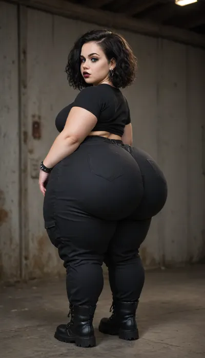 (hyper bbw1.2), (shortstack:.5), wearing goth outfit, combat boots, (hyper fatass:1.3), black cargo pants