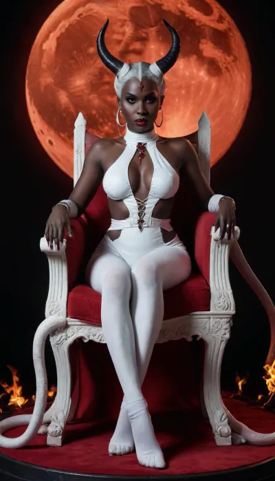 Succubus, Lilith, sin. Horns. long snake like tail. sitting on her throne in the flame. Night time Full red Moon. demon black skin. evil., (dressed in white)