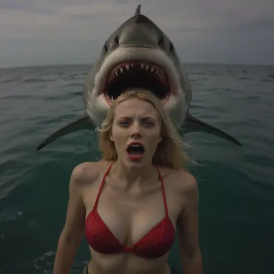 A candid closeup selfie angle gopro photo of a gorgeous blonde young screaming women, she is swimming in the ocean, behing her chased by an angry gigantic shark, she have horror face, 35mm RED CAMERA photography, sexyblonde, head and torso in full view, <lora:sexyblonde:.8>, style, of, massive, Swedish, shark, <lora:tbh336-sdxl:.8>, <lora:Splitshot:.8>
