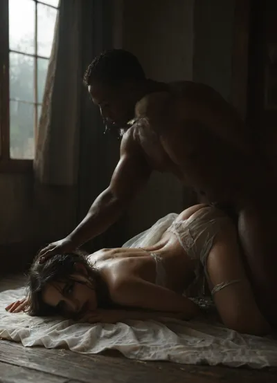 (((interracial))), (side view), large black penis, (brutal black man), (((black penis pissing on the bride))), wet wedding dress, A dark and melancholic atmosphere, A dark and moody modern house interior, thick blackout curtains drawn shut, a thin beam of soft light seeping through a small gap in the curtains, minimalistic furniture, cold and muted color palette, (dark greys, deep blues), dust particles in the light, atmosphere of stillness and sadness, cinematic lighting, high contrast shadows, quiet and empty. giant muscular black skin man, black man step on the bride, traditional Persian chubby bride in sexy cutout wedding dress, full, torn white stockings, (black spades tattoo), . body, all, fours, kneeling, spread, legs, top-down, bottom-up, single, leg, step on her head, stepped, on, head, ground, BadX, soakingwetclothes, <lora:SteppedOnHead-anxl31-000099:1.1>, <lora:MJ52:.8>, <lora:dark:.4>, <lora:soakingwetclothesXL:.8>, <lora:piss_in_mouth_deepmind:.8>