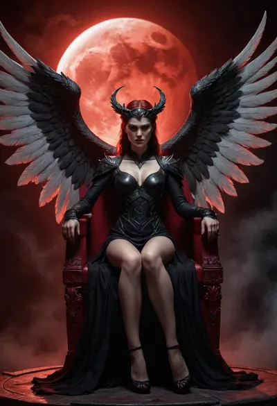 Angel, corrupted goddess, sin. Halo. long wings. sitting on her throne in the hell. Angry look, Night time Full red Moon. white skin. evil., (dressed in black), angry, calm, <lora:angry:1.6>