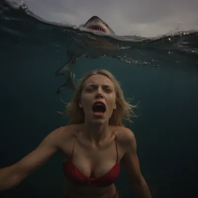 A candid closeup selfie angle gopro photo of a gorgeous blonde young screaming women, she is swimming in the ocean, behing her chased by an angry gigantic shark, she have horror face, 35mm RED CAMERA photography, sexyblonde, head and torso in full view, <lora:sexyblonde:.8>, style, of, massive, Swedish, shark, <lora:tbh336-sdxl:.8>, zavy-ndrwtr, split, frame, underwater, crashing, wave, water, edge, <lora:zavy-ndrwtr-sdxl:.8>