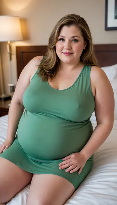 Photorealistic, high-angle shot, looking down at a woman who is comfortably leaning back on a bed within what appears to be a hotel room.
The woman has fair skin and a warm, inviting smile, with her lips slightly parted. Her light brown hair with highlights is styled in a long bob, with bangs that frame her forehead and the sides of her face. She has an inviting gaze, looking directly up towards the viewer. 60 year old mature woman., (Obese:1.4), .
She is wearing a vibrant green sleeveless dress that extends to just above her knees. The dress appears to be made of a soft, thin, smooth, flowing fabric. Her thighs are noticeably thick, and her hips are wide, adding to a full-figured silhouette. Her arms are relaxed, resting on either side of her body as she leans back.
The bed she's on is covered with crisp, white linens, and behind her, a large white headboard is visible, suggesting a modern and clean hotel aesthetic. To her right, a light-colored bedside table holds a white lamp with a simple shade, emitting a soft, warm glow. The background beyond the bed is slightly blurred, indicating a spacious hotel room. The overall lighting of the image is soft and inviting, highlighting the woman and the comfortable setting.