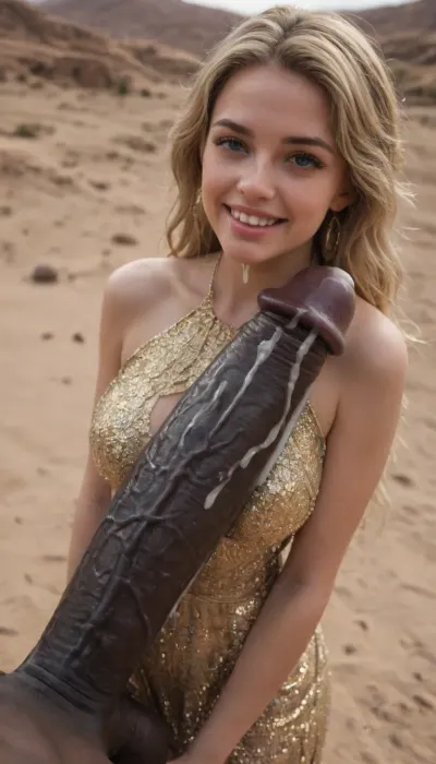 Gorgeous blonde European girl wearing a revealing fancy gold embroidered dress, long flowing blonde hair, happy, wearing jewelry, in a desert oasis, blue eyes, massive hung black man standing beside her dripping cum from the tip of his cock, (giant black cock:1.6), (cum:1.4)