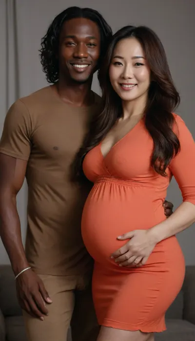 4K, pregnant, interracial couple, mom and son, casual, sexy mini dress, ultra-detailed, ultra realistic Photo, (tall 60_yo Korean MILF old woman and young African man), (natural long wave hair), smile, perfect body, ((Ultimate realistic photo)), (photo realism), ((detailed face)), (Extremely gorgeous MILF women), professional photo studio --v 6 --style raw
