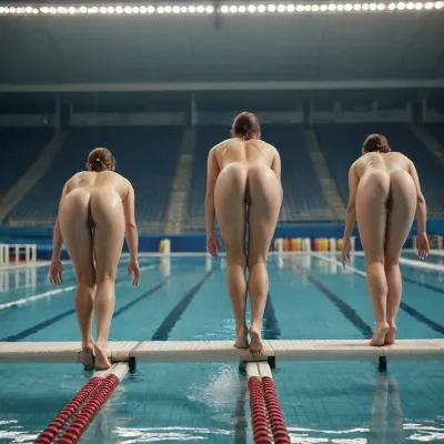 Olympic female swimming competition. All naked. 4 girls. On the starting blocks, Rear view, in starting position, ready to jump in water, fully naked, bent over, hands on the side of the pool, jumping into the pool, <lora:rearpussy-xl-1.0:.8>
