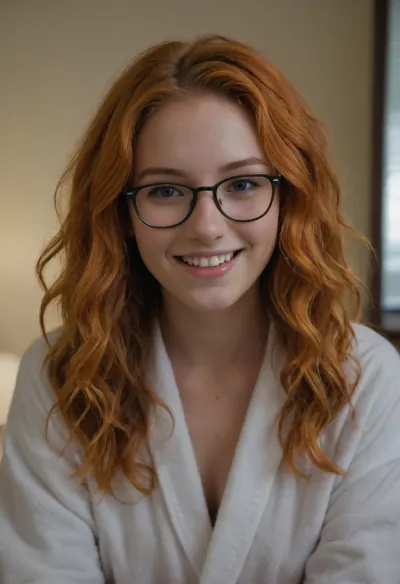 (masterpiece, best quality, high resolution, photorealistic, cinematic lighting), 1 young woman, age 18, college age, (teen:1.3), sitting on the edge of her bed, white skin, super cute, excited smiling face, (bright-orange hair:1.5), long hair, frizzy curly hair, skinny, short waist, petite, glasses with a black frame with a black frame, (wearing a white terrycloth bathrobe), in a college dorm bedroom, portrait from the waist up, <lora:ahxl_v1:.8>, <lora:add-detail-xl:.8>