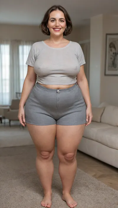 Full portrait picture of a obese 70 year old mature woman, gilf, in a living room, plump waist, thick, big fupa, cameltoe, wide hips, heather grey t-shirt, satin high waist heather grey shorts, fat round face, (really saggy tits), light eyes, bob cut brunette hair, slicked-back hair, wide bowed lips, lips parted, smiling, laugh lines, wrinkles around eyes, drooping saggy c-cup torpedo tits, fully dressed