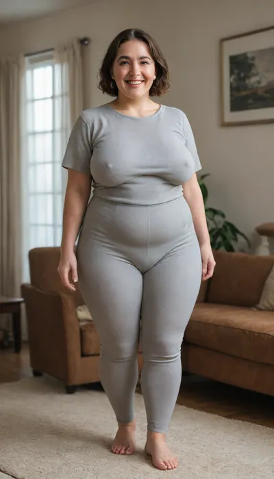 Full portrait picture of a obese 70 year old mature woman, gilf, in a living room, plump waist, thick, big fupa, cameltoe, wide hips, heather grey t-shirt, cotton high waist heather grey leggings, fat round face, (really saggy tits), light eyes, bob cut brunette hair, slicked-back hair, wide bowed lips, lips parted, smiling, laugh lines, wrinkles around eyes, drooping saggy c-cup torpedo tits, fully dressed