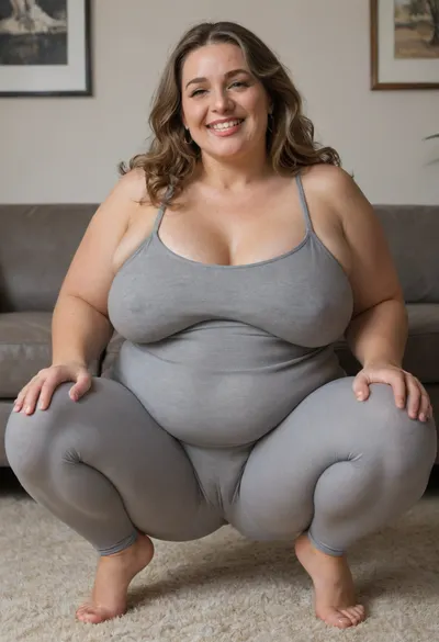 Lubica, Full portrait picture of a, (obese:1.5), 60 year old mature woman, gilf, in a living room, plump waist, thick, big fupa, (cameltoe:1.3), wide hips, heather grey leotard, very tight cotton high waist heather grey leggings, fat round face, (really saggy tits), light eyes, long hair, layered cut light brunette hair, slicked-back hair, wide bowed lips, lips parted, smiling, laugh lines, wrinkles around eyes, drooping saggy c-cup torpedo tits, fully dressed, squatting