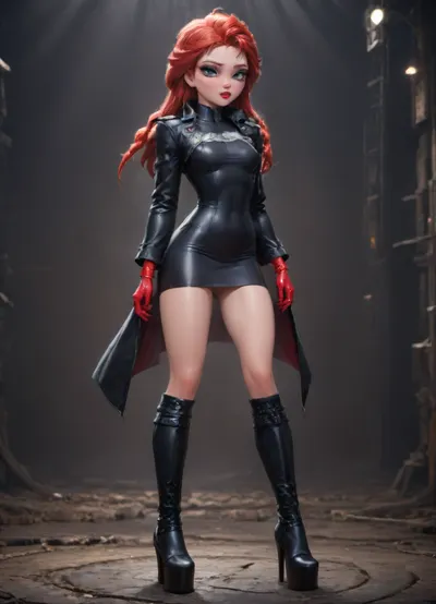 ((((Anna of Arendelle from frozen red hair)))), very beautiful and pretty, sexy face, perfect eyes, perfect body, perfect lips, velvety matte liquid carmine red lips, tight reddish-brown very long leather coat, black leather platform stiletto boots, over-the-knee boots, tight black PU dress, red leather gloves, full length view