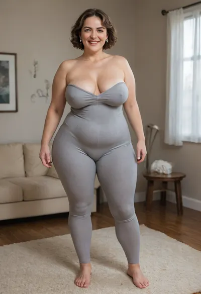 Full portrait picture of a obese 60 year old mature woman, gilf, in a living room, plump waist, thick, big fupa, (cameltoe:1.3), wide hips, heather grey leotard, cotton high waist heather grey leggings, fat round face, (really saggy tits), light eyes, layered cut brunette hair, slicked-back hair, wide bowed lips, lips parted, smiling, laugh lines, wrinkles around eyes, drooping saggy c-cup torpedo tits, fully dressed