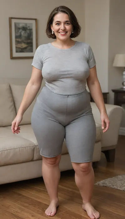 Full portrait picture of a obese 70 year old mature woman, gilf, in a living room, plump waist, thick, big fupa, cameltoe, wide hips, heather grey t-shirt, satin high waist heather grey shorts, fat round face, (really saggy tits), light eyes, bob cut brunette hair, slicked-back hair, wide bowed lips, lips parted, smiling, laugh lines, wrinkles around eyes, drooping saggy c-cup torpedo tits, fully dressed