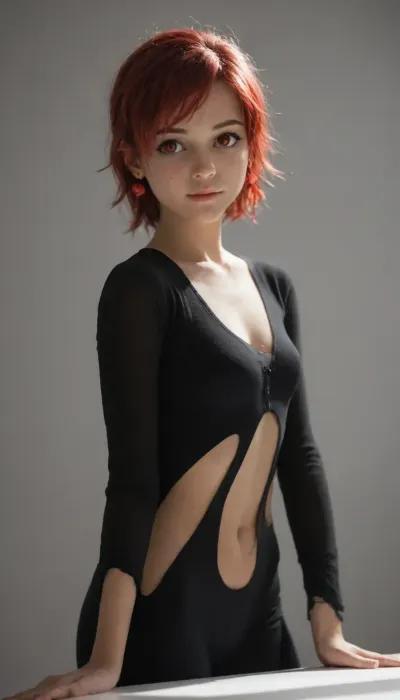 (((((yuno from overwatch))))), Posing in a simple black bodysuit, seamless white background, thin body, air bubbles, clean, minimalist aesthetic, soft shadow lighting, focus on body lines, medium body view, professional fashion photography