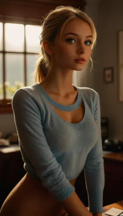 Full body, full view, young girl, 18 years old, blonde hair in ponytail, false eyelashes, makeup, flat chest, (very long nipples), ((skinny)), light_blue blouse, sweater, office, shot from below, ((Ultimate realistic photo details)), (((dynamic sexy pose))), (((bright sunlight))), small curved round breasts, bottomless, detailxl, <lora:MJ52:.8>, <lora:attractive_notrigger:.8>, <lora:710302_training_data:.8>, <lora:RealDownblouseXL2:.8>