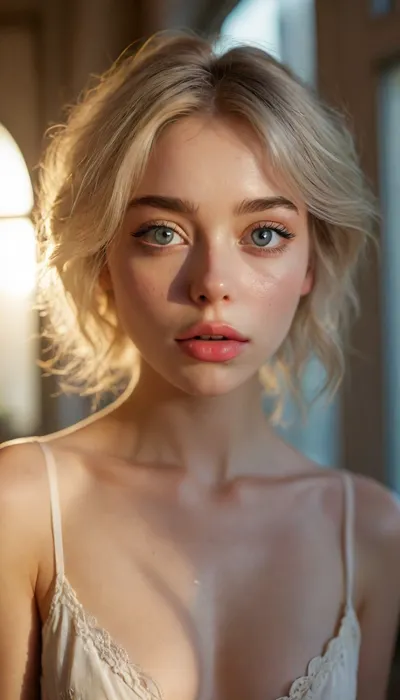 ziprealism, (avant-garde surreal esthetic), (light bloom, lens flare, hair glow lighting), (modern bedroom, large cozy windows), soft bokeh, (f/2.8, f2.8, (shallow depth of field), , , facial closeup, low angle shot, focus on eyes:1.4), (ash-blonde hair with dark roots, swept-back hair, short hair), (catchlights, limbal rings, large expressive eyes, bright stunning eyes, perfect eyes), (adoration, loving gaze, in love), (flawless porcelain skin:1.2), <lora:MJ52:.8>, igbaddie, <lora:igbaddie-XL:.4>