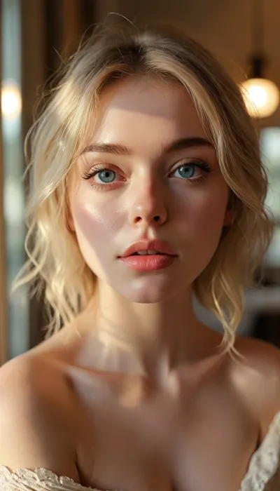 ziprealism, (avant-garde surreal esthetic), (light bloom, lens flare, hair glow lighting), (modern bedroom, large cozy windows), soft bokeh, (f/2.8, f2.8, (shallow depth of field), , , facial closeup, low angle shot, focus on eyes:1.4), (ash-blonde hair with dark roots, swept-back hair, short hair), (catchlights, limbal rings, large expressive eyes, bright stunning eyes, perfect eyes), (adoration, loving gaze, in love), (flawless porcelain skin:1.2), <lora:MJ52:.8>, igbaddie, <lora:igbaddie-XL:.4>