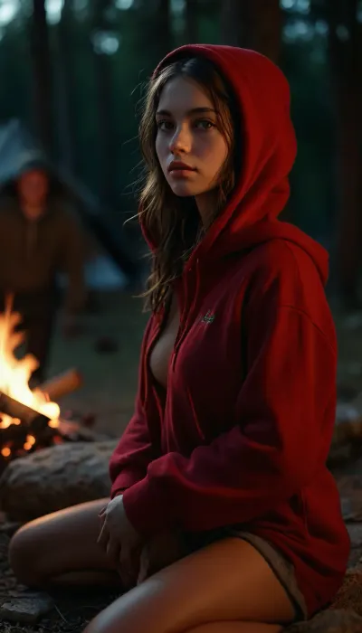 young brunette student beauty in a camp by night, super models, around a fire, fleece pants, hooded sweatshirt, medium perky breasts, toned body, athletic thighs, juicy ass, detailed faces, camp, fucked missionary, eye contact, view from side, intoxicated sleepy expression, cum shooting from my cock, cum on her body, sucking cock, ImgFixerPre0.3, detailxl, <lora:add-detail-xl:.5>, <lora:detailed_notrigger:.5>, <lora:MJ52:.5>