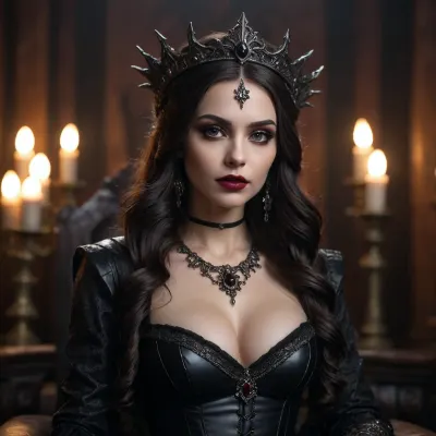 (masterpiece), (best quality), (detailed_eyes), (cinematic_lighting), (photorealistic:1.2), beautiful_woman, (gothic_queen:1.1), (sorceress:1), dark_fantasy, intricate_horn_headdress, (black_wavy_hair:1.1), long_hair, (seductive_gaze:1.1), full_lips, smokey_eyes, (dark_makeup:1.1), (ornate_jewelry:1), necklaces, earrings, (dark_flowing_dress:1.1), leather_bodice, cleavage, (sitting_on_throne:.9), (dark_atmosphere:1.1), volumetric_lighting, (backlight:1), glowing_embers, shadows, (mysterious_background:1), depth_of_field, ultra_detailed, 8k, sharp_focus, natural_skin_texture.