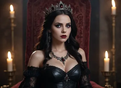 (masterpiece), (best quality), (detailed_eyes), (cinematic_lighting), (photorealistic:1.2), beautiful_woman, (gothic_queen:1.1), (sorceress:1), dark_fantasy, intricate_horn_headdress, (black_wavy_hair:1.1), long_hair, (seductive_gaze:1.1), full_lips, smokey_eyes, (dark_makeup:1.1), (ornate_jewelry:1), necklaces, earrings, (dark_flowing_dress:1.1), leather_bodice, cleavage, (sitting_on_throne:.9), (dark_atmosphere:1.1), volumetric_lighting, (backlight:1), glowing_embers, shadows, (mysterious_background:1), depth_of_field, ultra_detailed, 8k, sharp_focus, natural_skin_texture.
