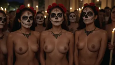 Multiple women, Group of Busty naked Mexican women next to eachother in a public square with catrina face painting, no clothes, D14, D3, L0s, Mu3rt0s, female, painted, skull, roses, candles, panoramic view, full body view, capturing full group, masterpiece, 32k, very detailed, atmospheric lighting, perfect lighting, perfect centered, ultra realistic, phitorealisn, perfect anatomy, peferct teeth, perfect eyes, realistic skin structure, <lora:Día_De_Los_Muertos:1.5>