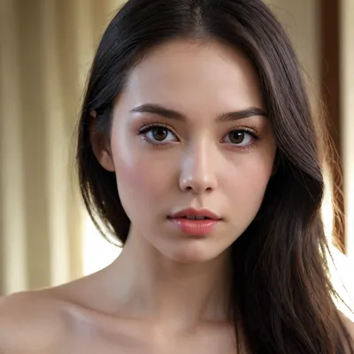 young girl face, nude, long dark hair, asian, perfect glowing pale skin, thick plump full lips, dark narrow eyes, long eyelashes, perfect sharp jawline, high prominent cheekbones, small nose, beautiful, model, realistic