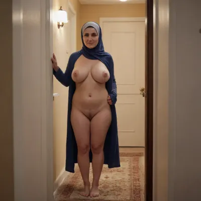 55-60 year old, arab milf, hijab, naked, (hairy pussy), chubby, standing in a bedroom doorway