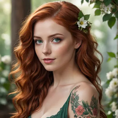 A stunning 25-year-old woman with long, wavy red hair cascading over her shoulders, piercing emerald green eyes, and a confident, seductive smile. She has a delicate floral vine tattoo with small blossoms on her left shoulder, adding a unique charm. She has an hourglass figure with sun-kissed skin. The image is photorealistic, high resolution, with cinematic lighting and intricate details."