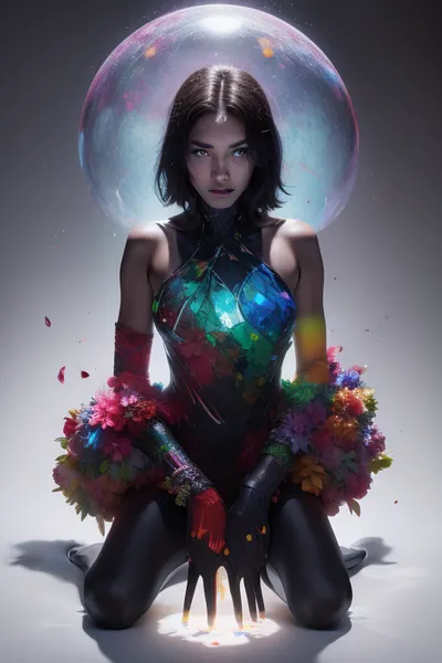A double-exposure image in which a woman is overlaid with colors, blending human features with glass elements. she kneels, #©KITTYART



































#©KITTYART