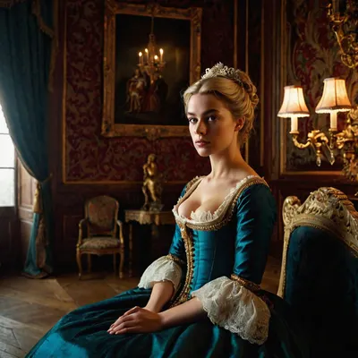 The new mistress in the age of absolutism waiting in the bedchamber.
A petite young woman, age of absolutism, mistress, 18th century, blonde, sitting in a noble bedroom, looking at viewer.
photorealistic, hd.