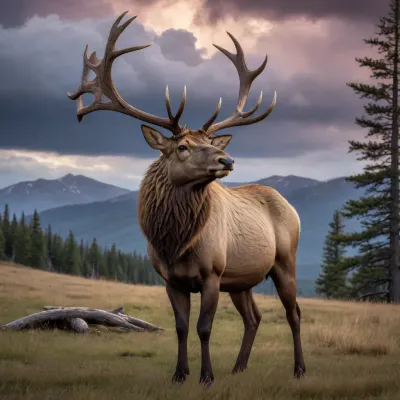 A massive, badass elk with huge antlers stands on a grassy hill under a moody, twilight sky. The elk's fur is thick and dark, with a lighter mane around its neck. Bare, skeletal trees line the hill, and the sky is filled with stormy clouds, casting a dramatic glow. #©KITTYART



































#©KITTYART