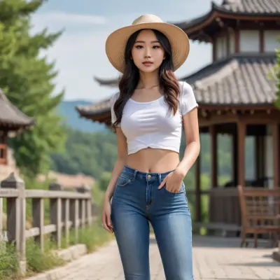 Sexy, young, 20 years old, Asian girl, slim, fit, round butt, jeans pants, cute shirt, cute face, sexy face, full body, from side, summer day, large breasts, hourglass figure, summer hat