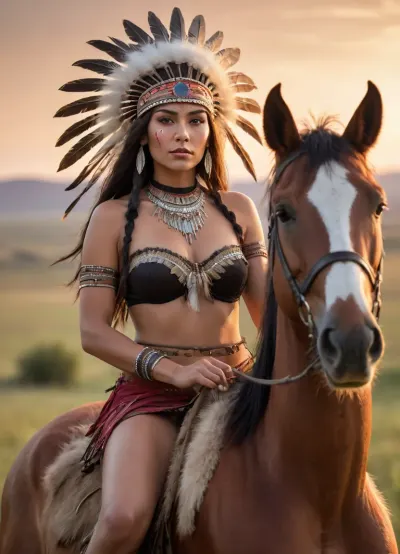 A adult beautiful slender Sioux Indian woman with a large colorful Indian Sioux feather headdress and war paint riding a horse on the prairie, She has a pretty coquettish faded face, elaborate hairstyle, small breasts, detailed crystal eyes, light glowing irises, heartshaped lips, lip gloss, aroused skin, sunset, long shadows, ancient native mood, detailed photo, photorealistic photo, realistic pretty women photo, night vision, soft fokus, parallax, overexposure, view from back, #©KITTYART



































#©KITTYART