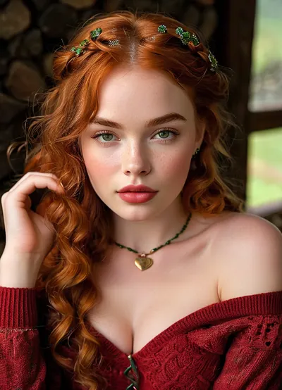 (masterpiece, best quality, ultra-detailed, photorealistic, HDR, extreme close-up portrait, face centered in the frame, direct eye contact with viewer, every feature in the sharpest focus, high-glamour cinematic beauty lighting), female, 18 years old, Siobhan, Irish, with an enchanting, ultra-attractive yet sweet and youthful Celtic appearance, perfectly symmetrical facial structure, flawless luminous milky-pale skin dusted with natural freckles, softly rounded jawline and petite oval chin, high well-defined cheekbones with warm peachy blush and radiant highlights, refined petite nose with a slight upturn, very large sparkling almond-shaped emerald green eyes, intense dark limbal rings, elegant elongated outer corners, ("fox eyes"), moist glossy waterline, ultra-long thick upward-curled copper lashes, boldly defined arched fiery auburn brows, small cluster of freckles on the bridge of her nose, plush softly blushed cheeks, (extremely full, heart-shaped, ultra-glossy, enlarged plump lips:1.5), lips painted in vivid ruby-red lacquered lipstick, parted in a playful, inviting smile showing a glimpse of perfect white teeth, eyelids adorned with shimmering gold and moss-green eyeshadow, precise winged eyeliner, gentle smoky accent, every eyelash and brow hair rendered in precise detail, exactly even spacing between brows and nose, fine ginger hairs along the hairline, (flawless, ultra-long, thick naturally wavy fiery red hair cascading well past her hips, framing her face and styled in an elaborate loose braid with tiny golden and shamrock hairpins:1.2), expression radiates lively innocence and unmistakable Irish charm, pronounced hourglass figure, (large full natural round breasts:1.2), ultra-narrow sculpted waist, (fully revealed navel and bare waist, the upper part of her wide hips and thighs clearly visible:1.2), dressed in a luxurious off-shoulder forest green cashmere crop sweater with Celtic knot embroidery, extra deep plunging neckline emphasizing her cleavage, ultra-short designer tweed mini skirt in traditional moss-green and gold pattern, sheer premium nude over-the-knee stockings, cozy brown leather lace-up boots, elegant gold earrings, matching clover bracelet, pearl necklace and gold shamrock accents in her hair, seated gracefully by a roaring stone hearth in a rustic Irish cottage, holding a steaming mug of rich hot chocolate, surrounded by plaid wool throws, carved oak furniture, flickering candlelight, sunlight streaming through small leaded windows with view of wild green hills and stone walls, vibrant Irish winter atmosphere, every facial feature and all details perfectly and sharply rendered, five distinct non-fused fingers on each hand, <lora:MJ52:1>, <lora:SDXLHighDetail_v6-000005:.8>, <lora:Microwaist_XL_v01:.8>