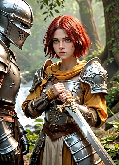 young female knight with short red hair and freckles, wearing dark souls style armor with no helmet and green fabric, standing up, instead of a sword she has a keyboard, fighting a monster, the female knight has a cute but determined look on her face, her coat of arms is a coffee mug, <lora:Adachi_XL:1.7>