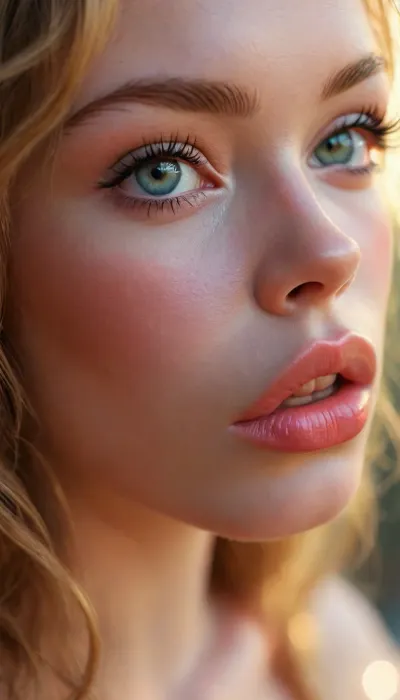 ziprealism, (avant-garde romantic esthetic, professional portrait), (f/2.8 shallow depth of field, creamy bokeh, tight headshot, extreme close-up portrait, layered composition with subtle foreground, focus on lips:1.4), (vibrant blonde hair with coppery highlights, short hair, swept-back hairstyle, casual tousled hair), (catchlights, sharp contrasting limbal rings, large expressive eyes, stunning eyes, long delicate eyelashes, perfect eyes), (full lips, soft lips, moist lips, pouting lips:1.3), (white waterline eyeliner, doe-eye makeup, soft blush, soft facial features), (expression of deep adoration, loving gaze, in love, subtle warmth in eyes, soft bashful smile), (porcelain skin, natural skin texture), <lora:MJ52:.8>, igbaddie, <lora:igbaddie-XL:.4>