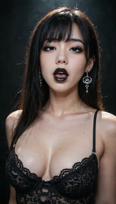 gothic, goth, (asian), pale skin, dark black eyes, black hair, bangs hair, black eyeliner, (black lipstick), white skin, perfect eyes, small eyes, detailed eyes, small nose, good anatomy, fake breasts, slut face, whore, (ahegao:1), sexy posing, dynamic, lighting, <lora:Dynamic_Lighting_by_Stable_Yogi_SDXL3_v1:1>