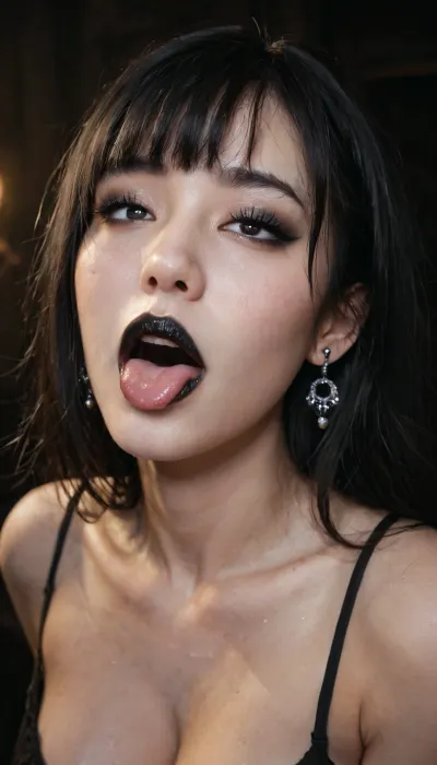 gothic, goth, (asian), pale skin, dark black eyes, black hair, bangs hair, black eyeliner, (black lipstick), white skin, perfect eyes, small eyes, detailed eyes, small nose, good anatomy, fake breasts, slut face, whore, (ahegao:1), sexy posing, dynamic, lighting, <lora:Dynamic_Lighting_by_Stable_Yogi_SDXL3_v1:1>