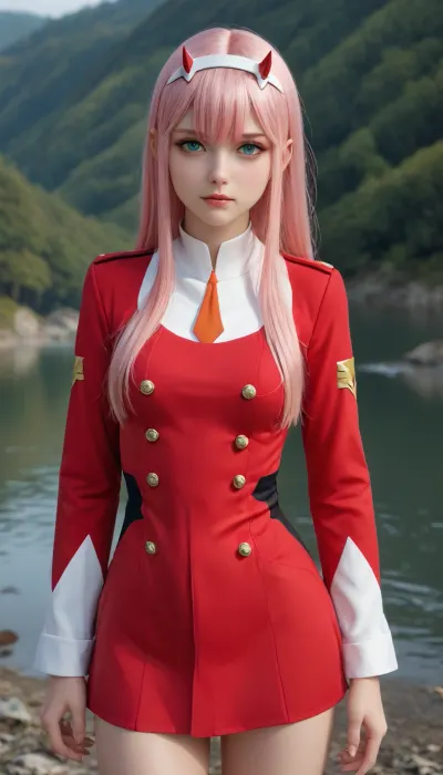 background is an lake, zero, two, zero two of darling in the franxx, (darling, in, the, franxx), (uniform as accurate as possible with Zero Two from Darling in the franxx), 1girl, solo, pink, hair, green, eyes, posing, <lora:zerotwo4-zerotwo4-000009:2>, <lora:681678_training_data:.8>