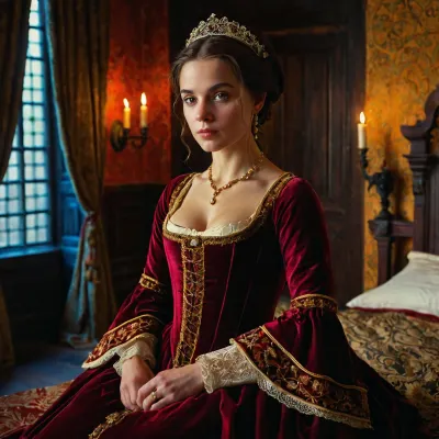 The new courtesan in the middleage waiting in the bedchamber.
A petite young woman, medieval, courtesan, 13th century, brunette, sitting in a noble bedroom, looking at viewer.
photorealistic, hd.