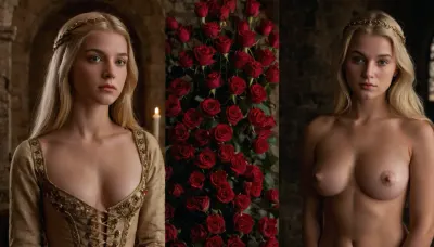 side-by-side two pictures of a young medieval courtesan, petite, blonde hair, onoff.
On the first picture on the left she stands in front of a, (tower covered in roses), wearing a simple medieval dress.
On the second picture on the right she stands in front of the same tower, but is, (naked, nude), ., onoff, <lora:OnoffXL_ExtraCrispy:.8>