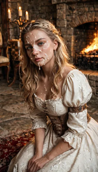 A medieval noblewoman, petite, blonde, sits in her chamber in a castle, medieval dress, near a fireplace, cum on her face, (facial), cumshot. masterpiece, hd, photorealistic.