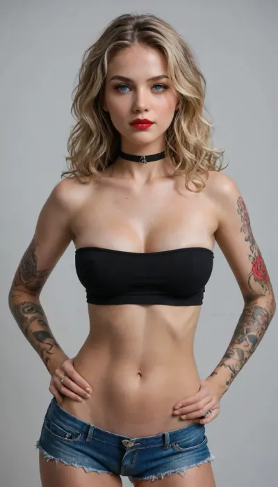 realistic, blonde woman, blue eyes, red lipstick, wearing a black strapless leather crop top, showing large breasts, tight denim shorts with multiple rips, black choker with a silver ring, left arm tattoo sleeve with colorful designs, right thigh tattoo, standing against a plain gray background, confident pose, hands on hips, long wavy hair, fair skin, slim and toned physique, no background objects, soft lighting, high contrast, detailed textures, slight shadow behind her, looking directly at the viewer, fashionable and edgy, modern fashion, realistic shadows and highlights, vibrant colors, detailed rendering, digital painting, professional quality